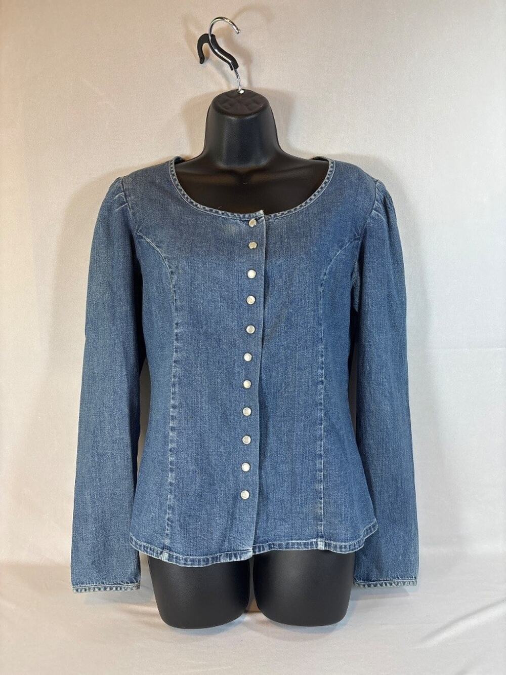 Guess Jeans USA Vintage 80s 90s Denim Pearl Snap Puff Sleeve Top Womens‎ L
